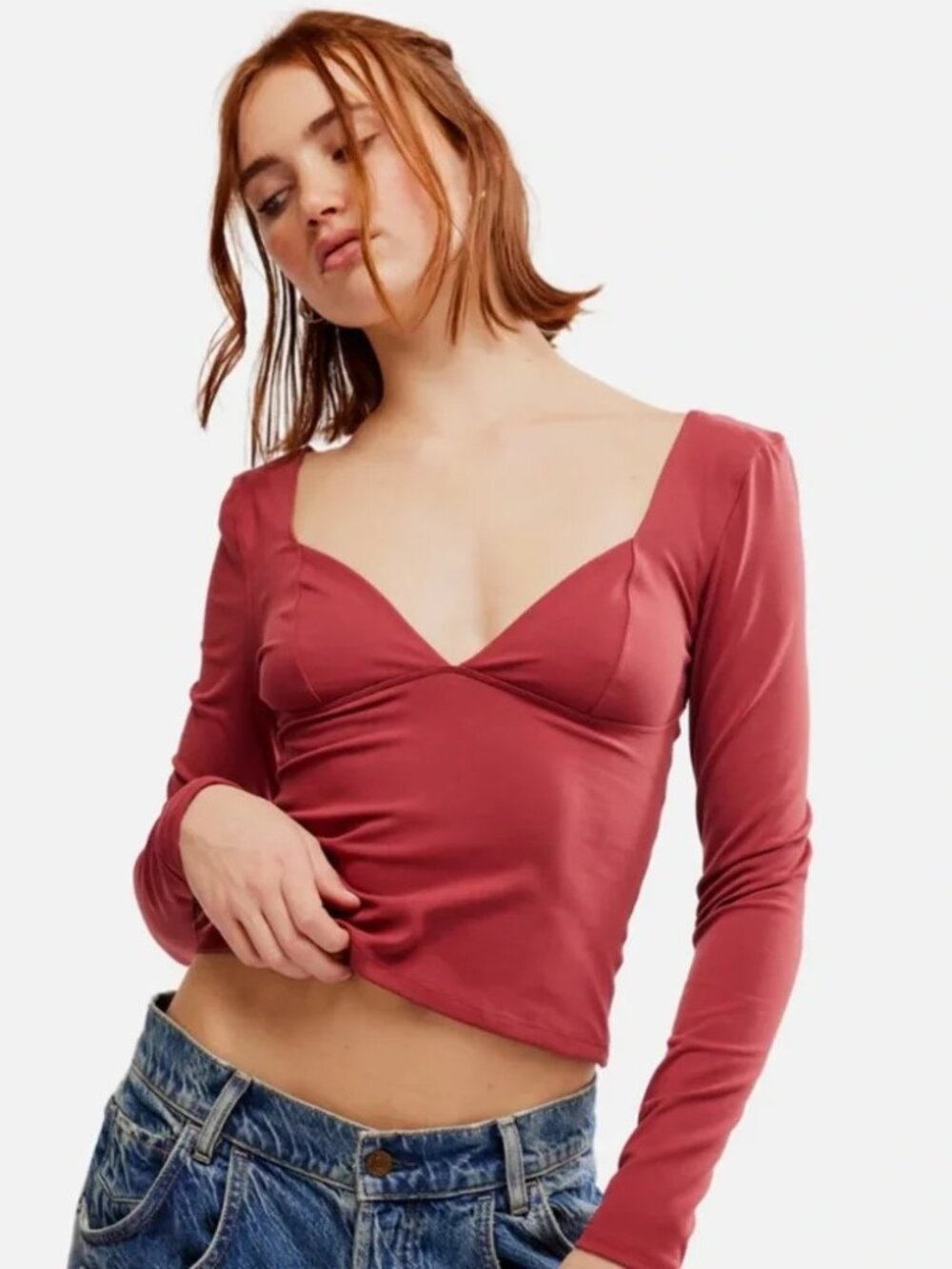 Free People Duo Corset Long Sleeve Top Earth Red